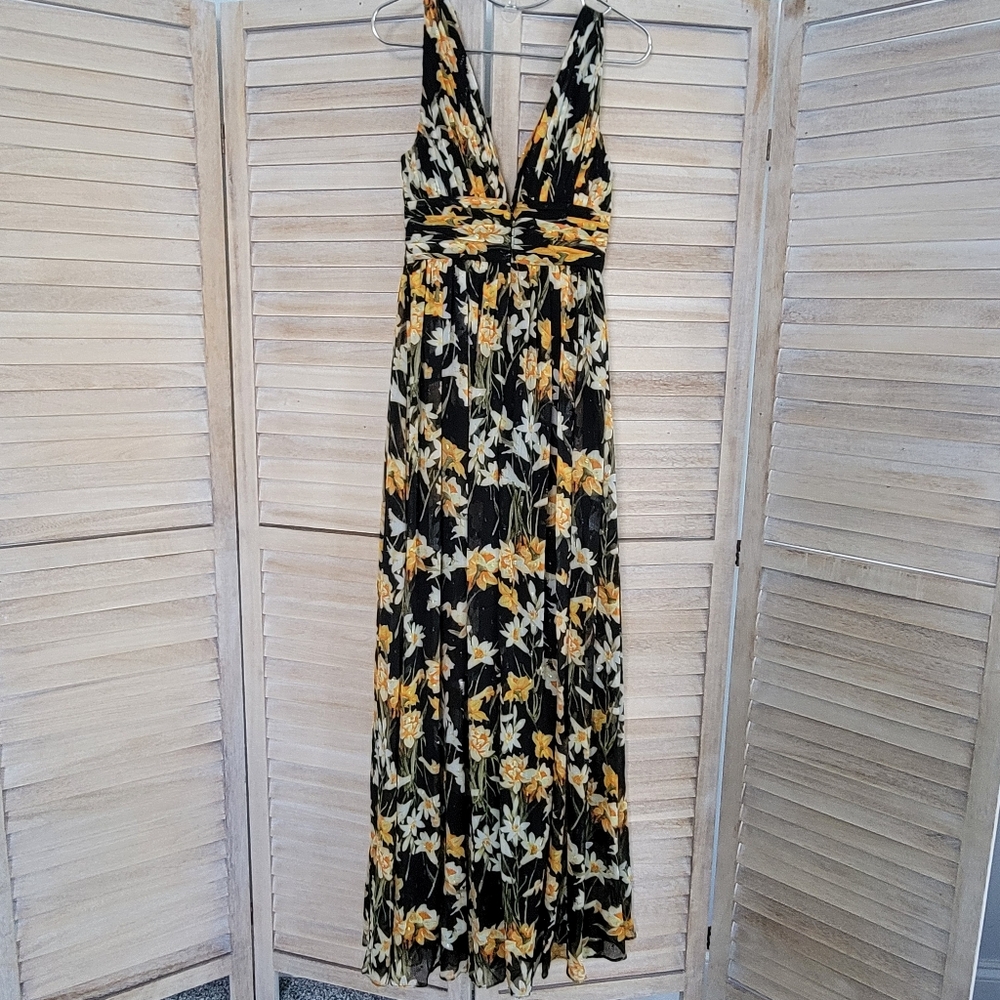 Aidan by Aidan Mattox Floral Yellow Black Maxi Long Dress Wedding Formal size 0 - Picture 3 of 5